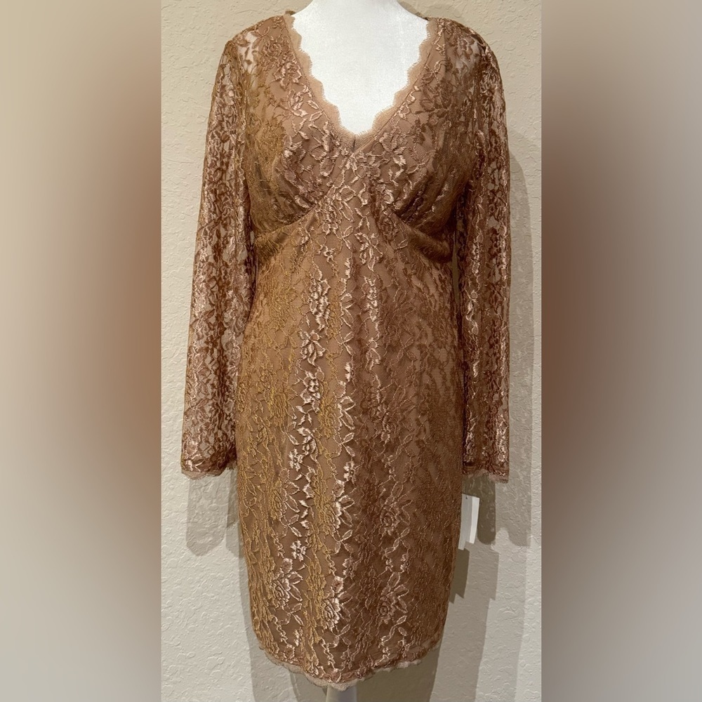 NEW Liliana Women’s Gold Lace Long Sleeve V-Neck Scalloped Edge Dress Size 14